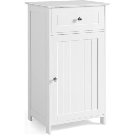 Costway – Armoire murale de salle de bain sur pied 43x34x77 cm – 1 porte, 1 tiroir, étagère réglable 3 positions – MDF blanc pour rangement efficace