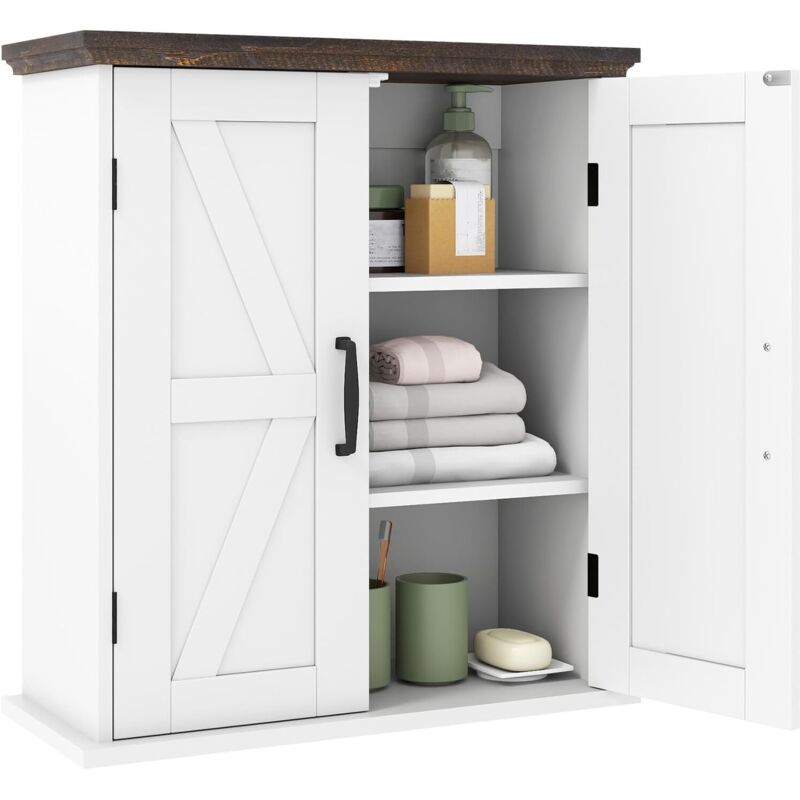 COSTWAY Armoire Murale pour Salle de Bain, Meuble de Rangement Suspendu avec 2 Portes, Armoire à Pharmacie avec Étagères Réglables, Style Campagne,