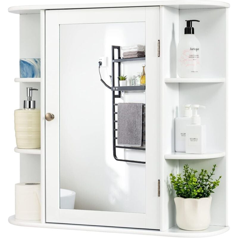 Costway - Armoire de Salle de Bain/Meuble de Salle de Bain Mural avec Porte et Miroir en mdf, Blanc, 66 x 16,5 x 63 cm