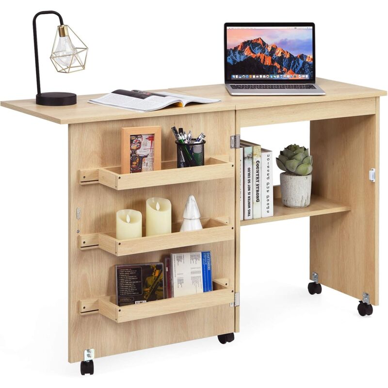 Costway - Armoire pour Machine à Coudre Pliante, Table de Couture avec 3 Etagères pour Bobines et roulettes verrouillables en Bois