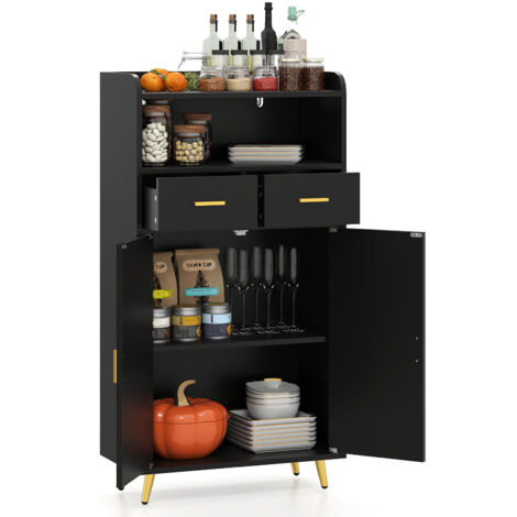Costway – Armoire salle de bain avec 2 tiroirs et 2 portes – Compartiment ouvert – Étagère réglable 60 x 30 x 113 cm – Bois d'ingénierie noir