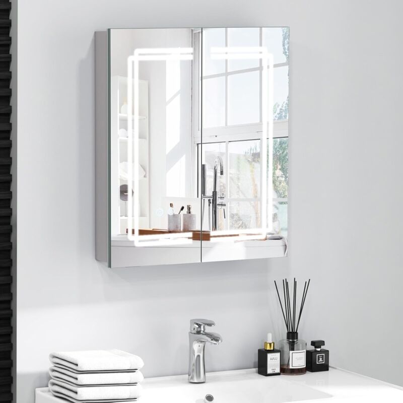 Armoire Salle de Bain avec Miroir 60 x 70 cm Éclairage led et Prise, Meuble Salle de Bain 2 Portes, 3 Niveaux Étagères à Hauteur Réglable, Gradation
