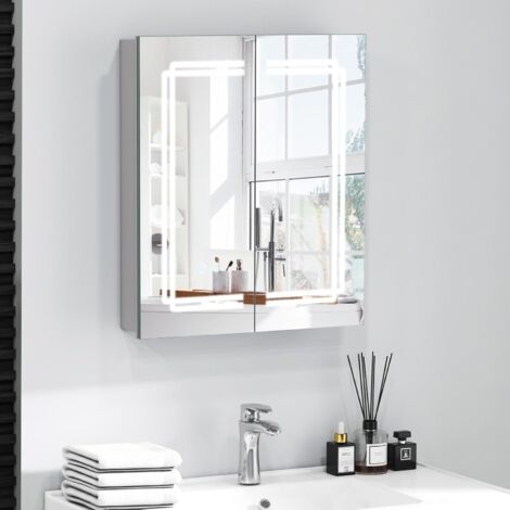 Armoire Toilette Avec Miroir Et éclairage LED Intégré - Blanc, Dimensions 50x60x18,7 Cm - IP44 étanche, 3 étagères, Fermeture Soft-close