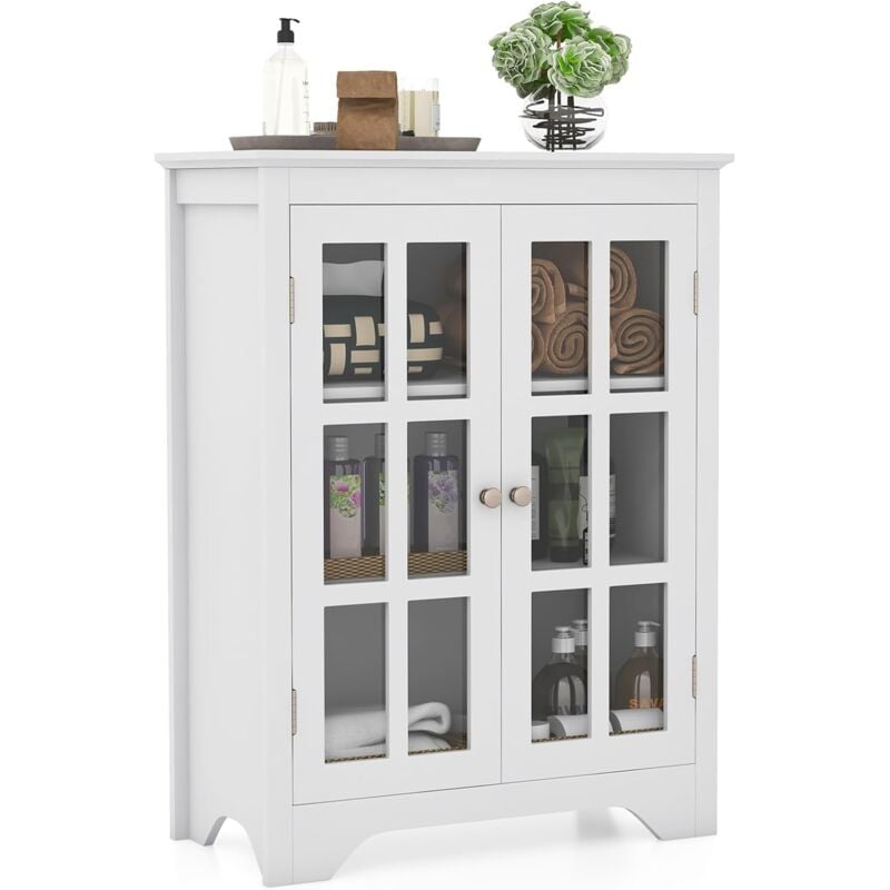 Armoire Vitrine 2 Portes, Meuble Vitrine Verre avec Étagère Réglable, Kits Anti-Basculement Inclus, Vitrine en Verre pour Salon, Salle de Bain, Blanc