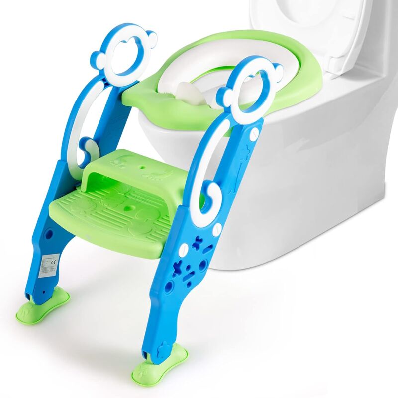 

Asiento de Inodoro Para Niños 1-8 Años Altura Ajustable Asiento con Escalera y Manija Plegable Inodoro Entrenamiento (Verde y azul) - Costway
