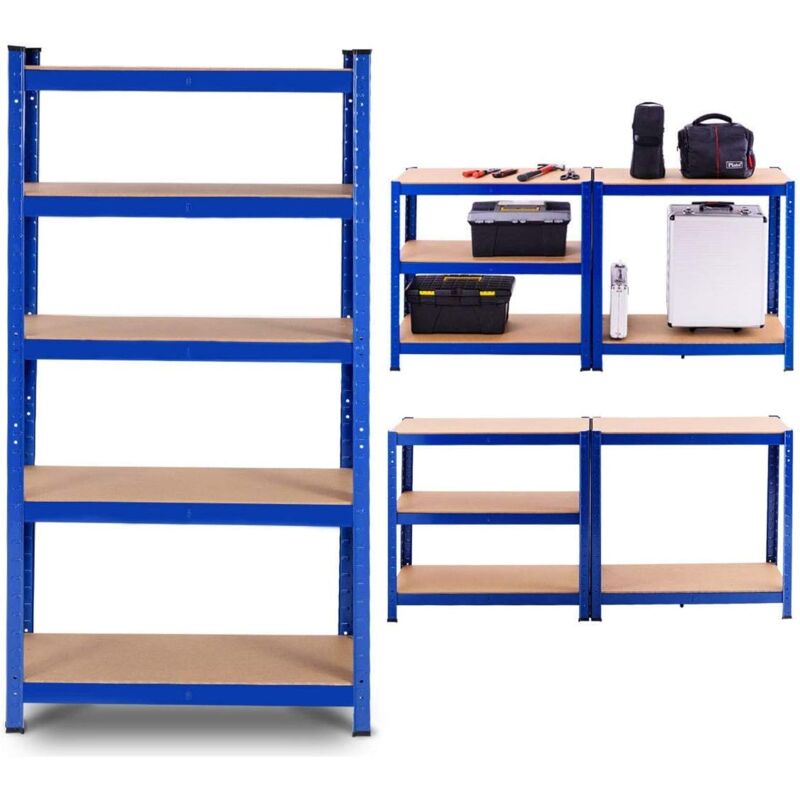 Étagère Modulable Charge Lourde Métallique de Rangement Garage à 5 Tablettes en Fer et Bois Bleu 75 x 30 x 150 cm - Costway