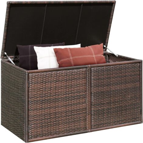 COSTWAY Auflagenbox Rattan 335L Stauraum, Kissenbox mit Doppeltüren & Ablage, Truhenbank Sitzbank für Terrasse Garten Balkon 115x60x65cm, Braun