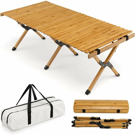 COSTWAY Aufrollbarer Campingtisch aus Bambus, klappbarer Picknicktisch mit Tragetasche, tragbarer Klapptisch für Camping, Grillen, Picknick, Garten Natur