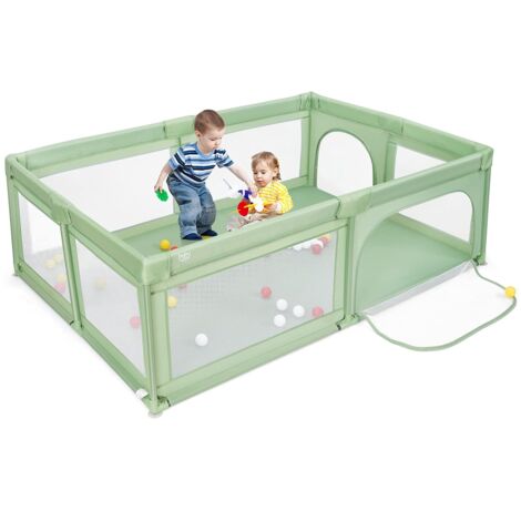 COSTWAY Baby Laufstall mit 50 Bällen & 2 Türen, Laufgitter mit atmungsaktivem Netz und Reißverschluss, Laufgitterzelt für Säuglinge und Kleinkinder, 205 x 147 cm (Grün)