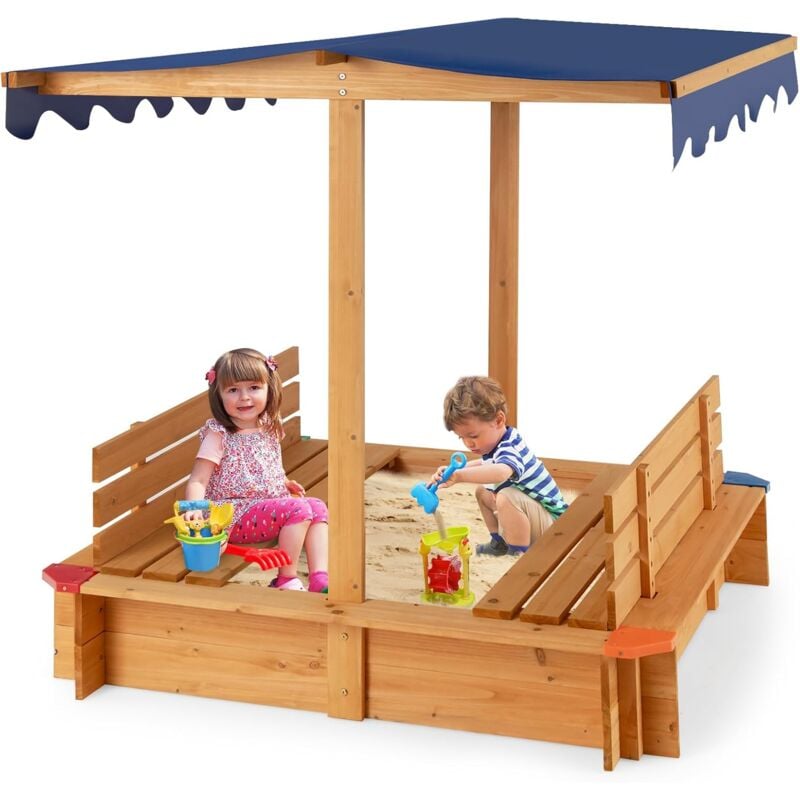 Bac à Sable en Bois de Sapin avec Toit & 2 Bancs Amovibles, Bac à Sable Extérieur avec Conception sans Fond & Doublure, Charge 60kg pour Enfant de 3