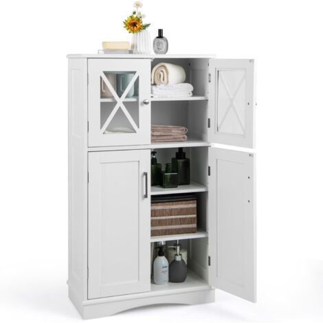 COSTWAY Badezimmerschrank Holz Unterschrank Weiß Beistellschrank mit 4 Türen und verstellbare Regalebene für Wohnzimmer, Küche, Flur 60 x 30 x 108 cm