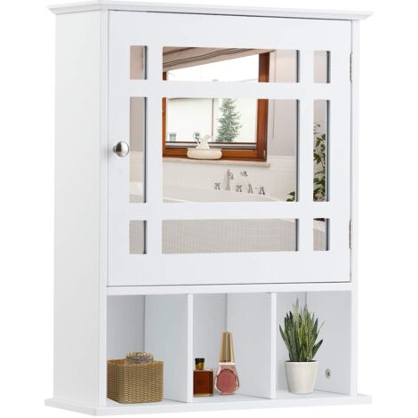 COSTWAY Badezimmerschrank mit verstellbarem Einlegeboden und 3 offenen Fächern, Hängeschrank, Spiegelschrank, Wandschrank, Badschrank, Weiß