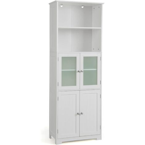 COSTWAY Badschrank mit Glastüren, 2 offenen Fächern und verstellbaren Regalen, hoher Badezimmerschrank, 163cm weiß