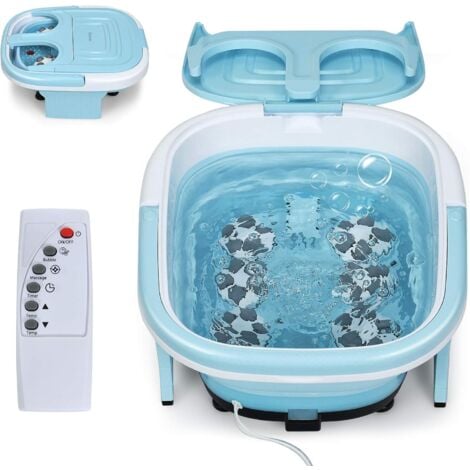 COSTWAY Bain de Pieds avec Mise à Température de l'Eau, Massage Pieds avec Vibration des Bulles, Thalasso Pieds à Cuve Repliable avec Télécommande et Trous de Drainage (Bleu)