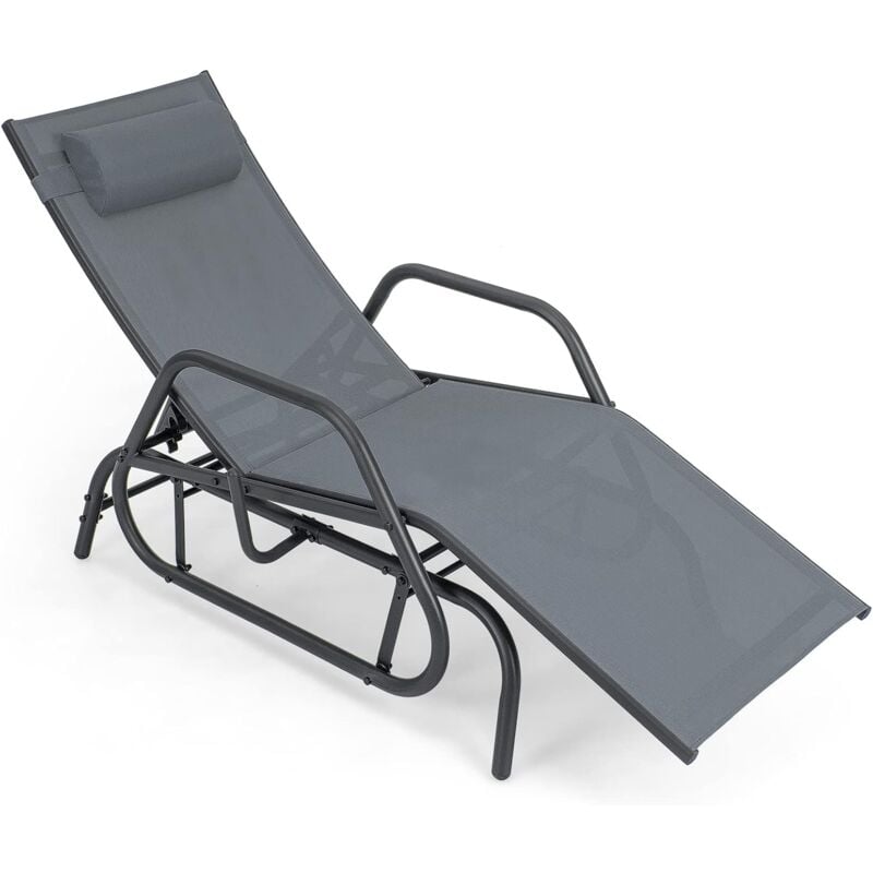Bain de Soleil Design à Glissement à Dossier Réglable 3 Positions, Transat Jardin Extérieur Cadre Métal avec Accoudoirs, Oreiller, Chaise Longue