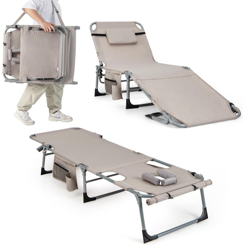 Bain de Soleil en Aluminium avec Dossier Réglable, Chaise Longue Pliante avec Oreiller Amovible et Trou pour Le Visage, Transat avec Poche Latérale,