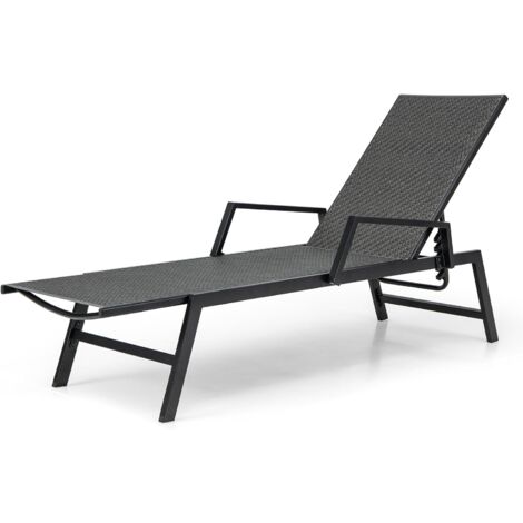 COSTWAY Bain de Soleil en Rotin PE, Chaise Longue d'Extérieur avec Cadre Métallique et Galvanisé, Fauteuil Inclinable avec Dossier Réglable à 5 Positions, pour Terrasse, Piscine, Jardin, Marron