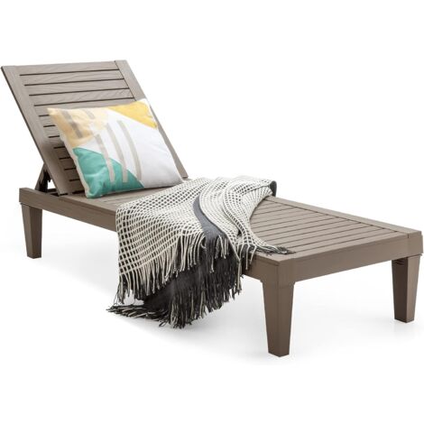 COSTWAY Bain de Soleil Inclinable Chaise Longue Dossier Réglable sur 5 Positions Charge 180KG Résistante aux Intempéries pour Plage Marron