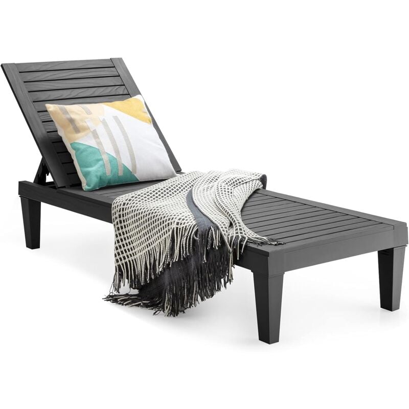 Bain de Soleil Inclinable Chaise Longue Dossier Réglable sur 5 Positions Charge 180KG Résistante aux Intempéries pour Plage Noir - Costway