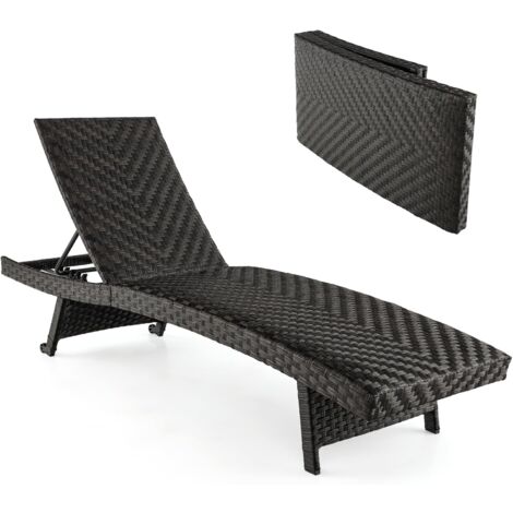 COSTWAY Bain de Soleil Pliable en Rotin PE, Chaise Longue Pliante de Jardin avec Cadre en Métal et Dossier Réglable, Transat avec Roues Arrière, pour Terrasse, Piscine, Cour, Charge 150 KG