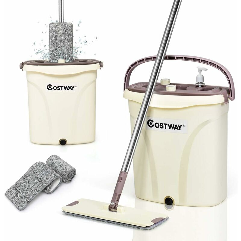 Balai et Seau sans Lavage Tige en Acier Inoxydable avec 2 Chiffons et 1 Bouteille Humidité Réglables à 3 Niveaux pour Chambre,Salon - Costway