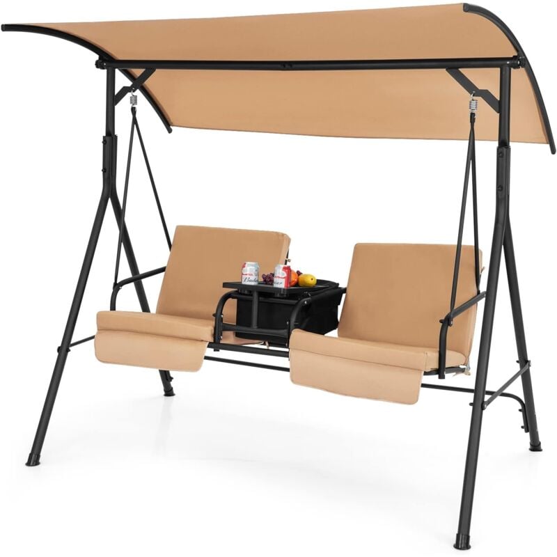 Balancelle d'Extérieur à 2 Places, Balançoire de Porche avec Sac Isotherme et Plateau Rotatif, Balancelle de Jardin avec Auvent Réglable et Coussin