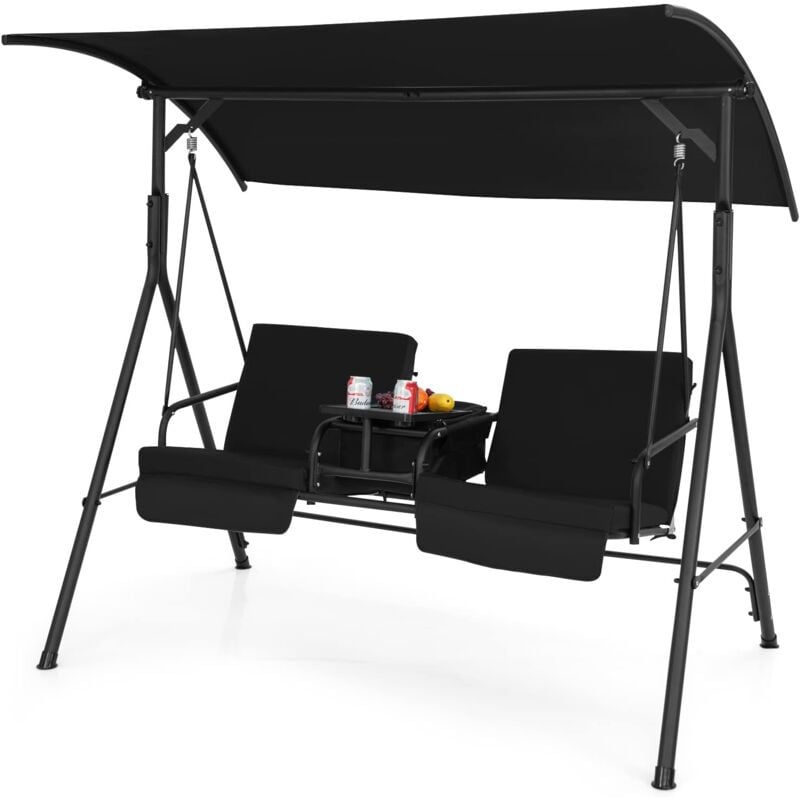 Balancelle d'Extérieur à 2 Places, Balançoire de Porche avec Sac Isotherme et Plateau Rotatif, Balancelle de Jardin avec Auvent Réglable et Coussin