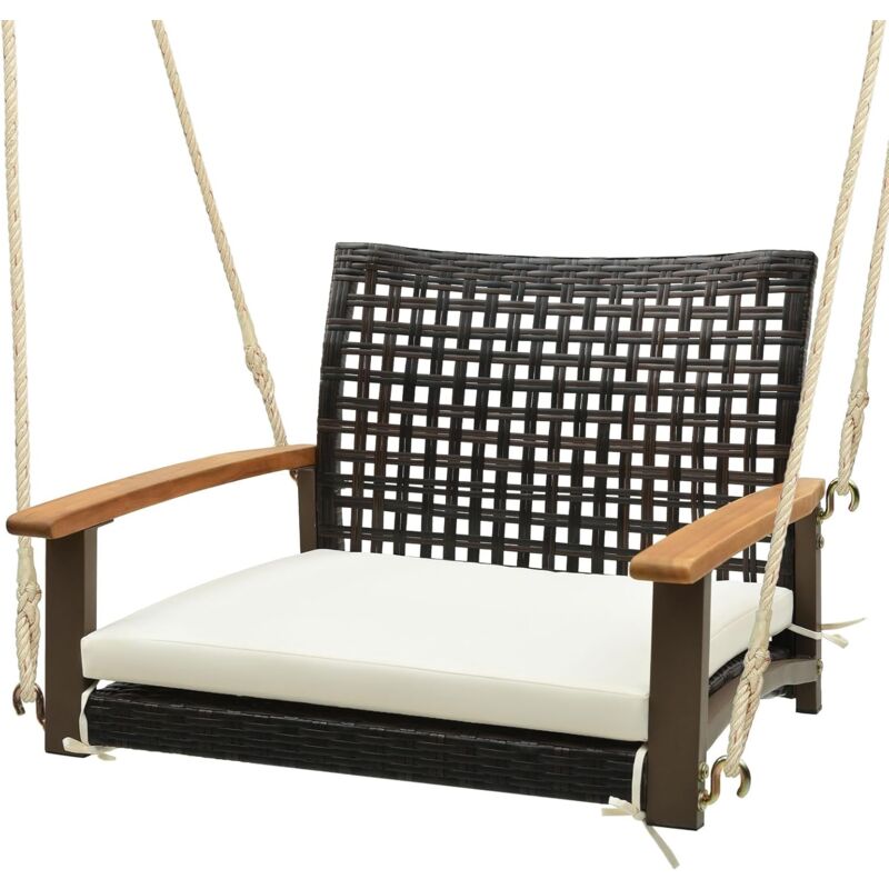 Balançoire de Jardin en Rotin à 1 Place, Balancelle de Porche en Osier avec Accoudoir en Bois d'Acacia et Coussin Amovible, Banc Suspendu avec 2