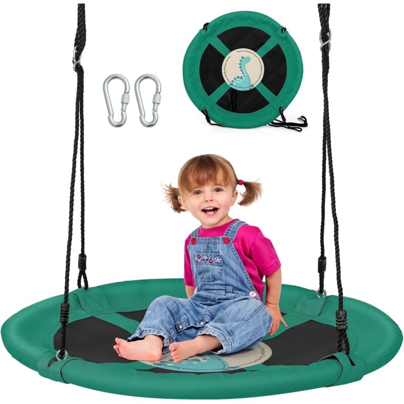 Balançoire Nid d'Oiseau ø 102cm Enfants avec Motif Dinosaure, Balançoire Soucoupe en Tissu Oxford Intérieur Extérieur avec Cordes Réglables