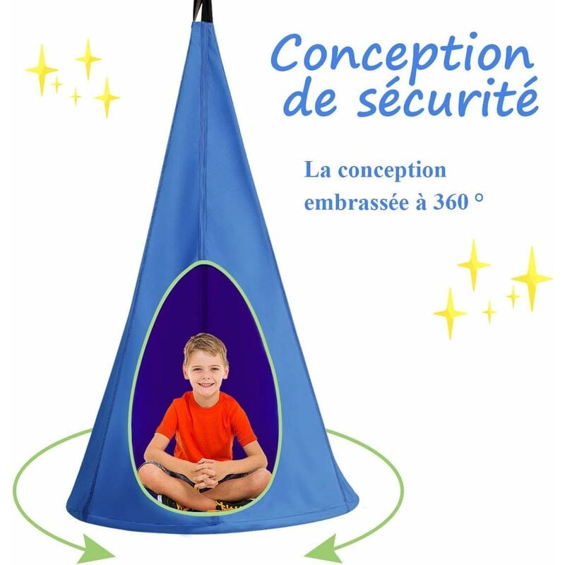 Balançoire Nid d'Oiseau pour Enfant, Crochet et Corde Charge Max.115KG (Bleu) - Costway