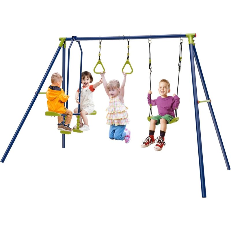 COSTWAY Balançoire Enfants 3-en-1 avec 1 Face à Face-2 Anneaux, 1 Balancelle-Equipement de Jeu Extérieur/Portique en Métal Charge 200kg pour Jardin