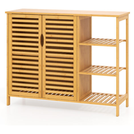 COSTWAY Bamboo Bathroom Cabinet 2-Door Storage Organizer w/Shelves-Natural