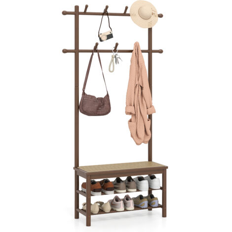 COSTWAY Bamboo Coat Rack PE Rattan Hall Tree with Bench & Shoe Storage-Brown