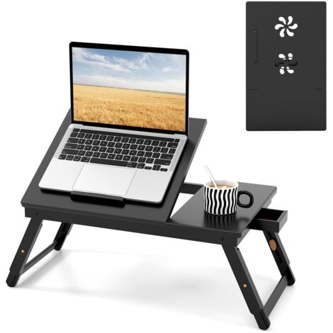 COSTWAY Bamboo Laptop Lap Tray w/Adjustable Legs & Storage Drawer-Coffee