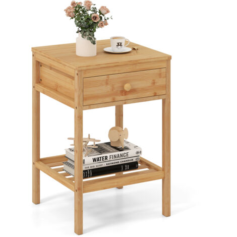 COSTWAY Bamboo Nightstand Bedside Table with Storage Drawer & Open Shelf-Natural