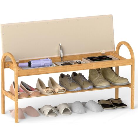 COSTWAY Banc à chaussures avec assise, banc en bambou, banc dentrée avec étagère à chaussures et espace de rangement caché, pouvant servir dorganiseur à chaussures et de banc de lit, charge maximale 1