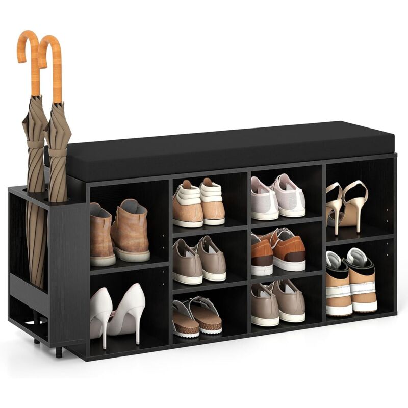 COSTWAY Banc Chaussures Entrée avec Porte-Parapluie, Banc de Rangement avec Coussin, 10 Compartiments, Étagères Réglables à 5 Positions, Housse de