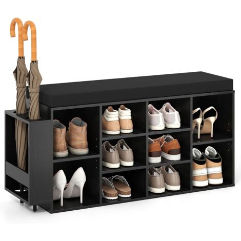 COSTWAY Banc Chaussures Entrée avec Porte-Parapluie, Banc de Rangement avec Coussin, 10 Compartiments, Étagères Réglables à 5 Positions, Housse de Coussin Lavable, 110 x 30 x 52,5 cm (Noir)