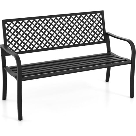 COSTWAY Banc de Jardin à 2 Places, Banc d'Extérieur avec Cadre en Acier et Accoudoirs Incurvé, Chaise de Patio avec Dossier Ajouré & Siège à Lattes, Charge 300 KG, pour Jardin, Terrasse, Parc (Noir)