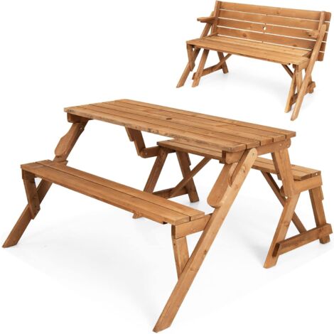 COSTWAY Banc de Jardin d'Extérieur 2 en 1 Convertible en Bois, Transformable en Table Pique-Nique, avec Trou pour Parasol, Marron