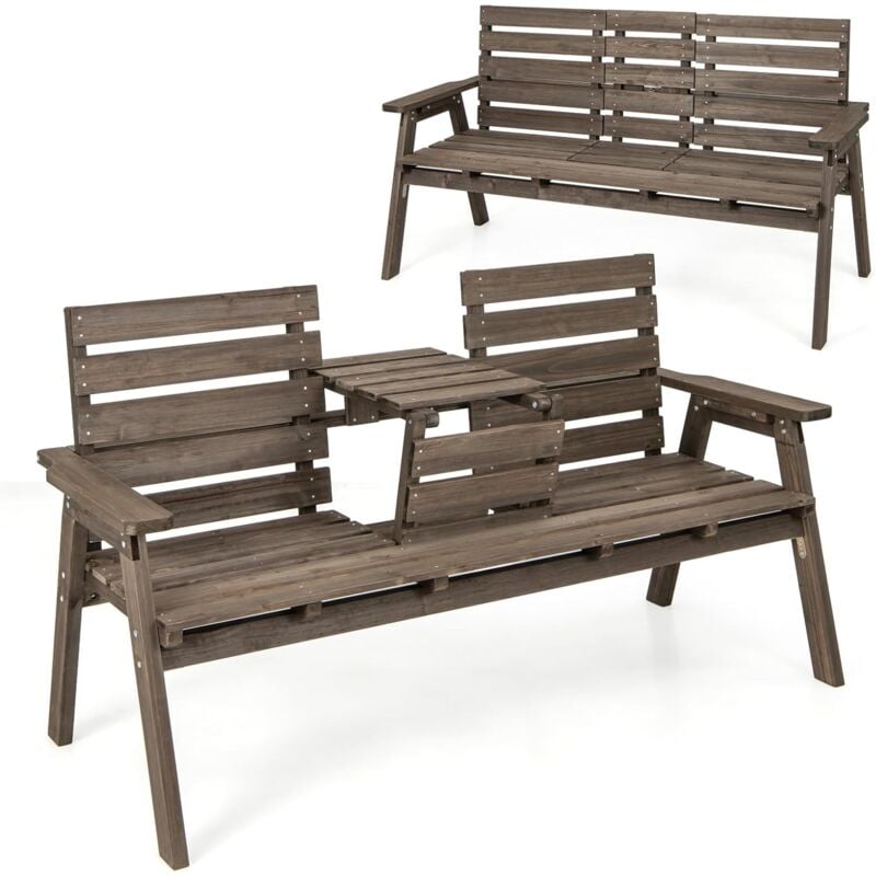Costway - Banc de Jardin en Bois Massif, Banc d'Extérieur à 2 Places avec Table Centrale Pliable, Siège à Lattes pour Parc, Porche, Cour, Charge 320