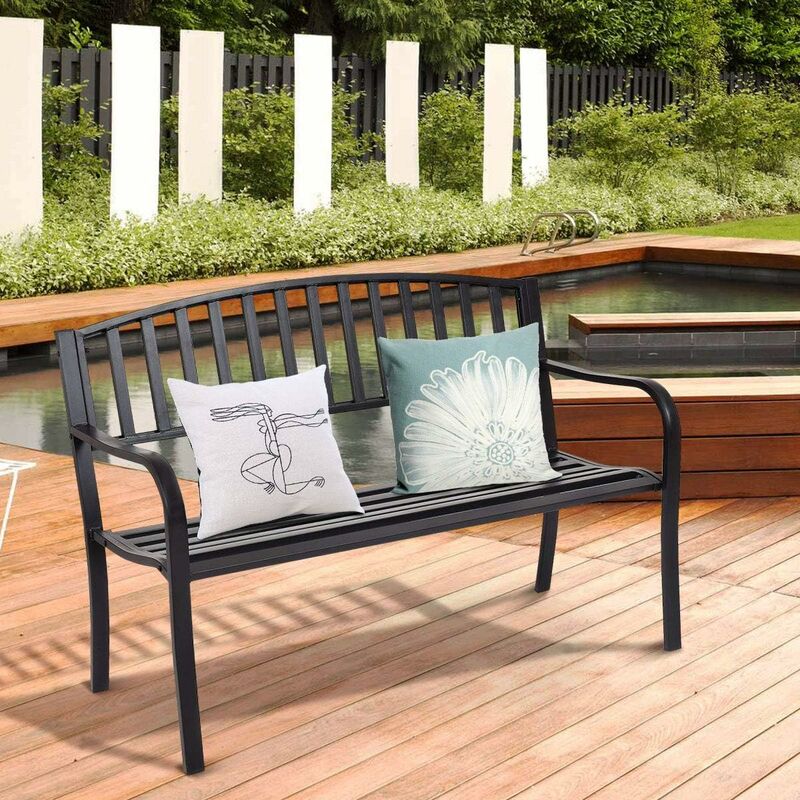 Banc de Jardin Extérieur 3 Personnes Cadre en Métal Noir Résistant aux Intempéries Charge 240KG pour Pelouse, Terrasse, Véranda, Cour, 127 x 60 x