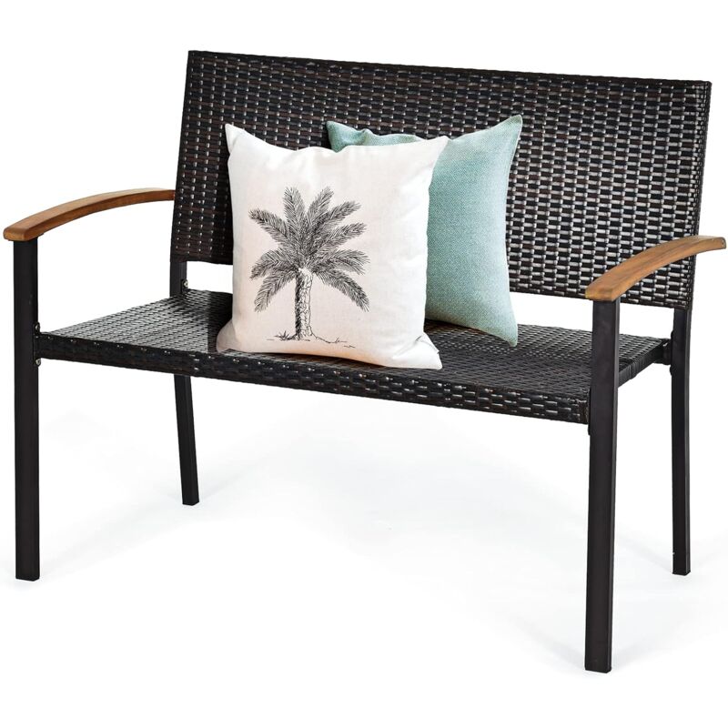 Banc de Jardin pour 2 Personnes en Poly Rotin avec Accoudoir pour Jardin Terrasse 115 x 87,5 x 60 cm Brun Charge 360KG - Costway