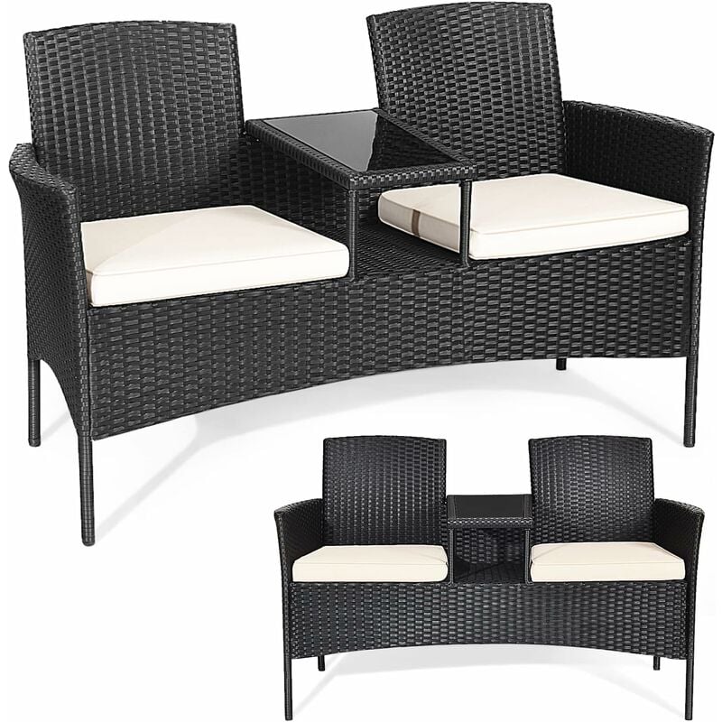 Banc de jardinen Polyrotin Anti-UV - 2 Places - Table Intégrée en Verre Trempé avec Coussins Epais L138 x P61 x H85 cm Coussin Blanc - Costway