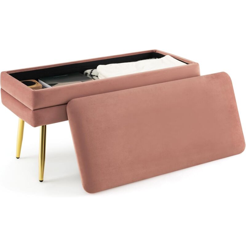 Banc de Rangement Rembourré en Velours, Coffre de Rangement avec Couvercle, Pouf Tabouret Pieds en Métal Doré, Repose-Pieds pour Chambre, Salon,