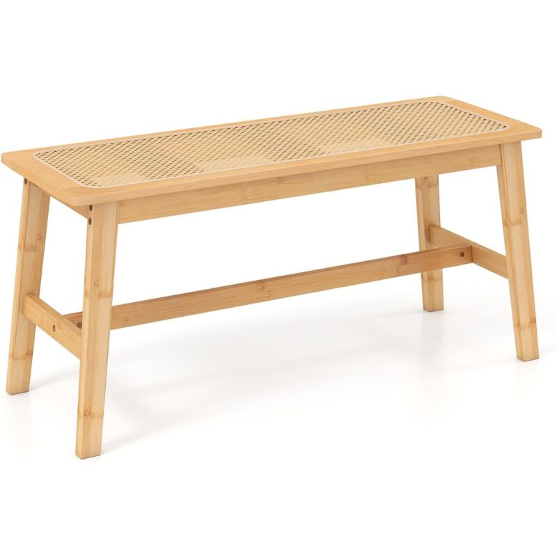 COSTWAY Banc de Salle à Manger en Bambou, Assise en Rotin PVC, Banquette pour 2 Personnes, Patins Antidérapants, Banc Interieur pour Cuisine Entrée