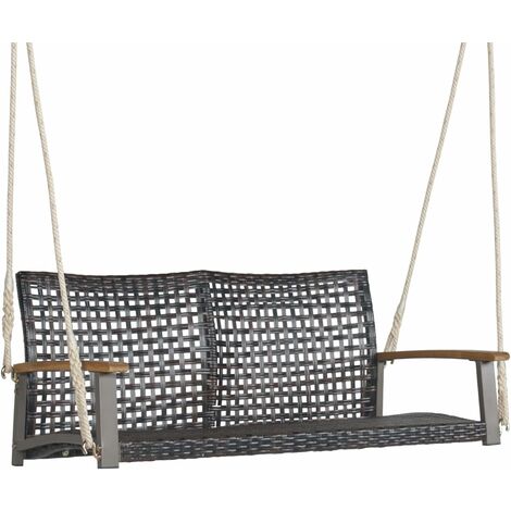 COSTWAY Banco Columpio de Exterior con 2 Asientos/Columpio de Ratán PE, Respaldo Curvado y Reposabrazos de Madera de Acacia, Capacidad de Carga 360 kg/Columpio para Pórtico Veranda Patio Jardín