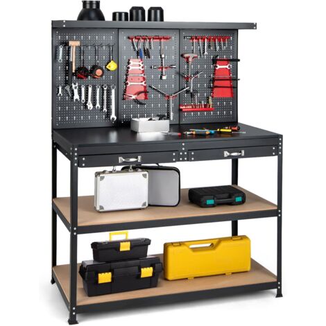 COSTWAY Banco da Lavoro con Pannello a Chiodi, Tavolo da Officina con Cassetti, Ripiani e 25 Accessori Appendibili, Carico Massimo 435 kg, per Garage, Casa, Officina e Magazzino