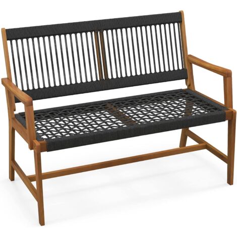COSTWAY Banco jardín Exteior de Madera de Acacia, 2 Plazas, Banco Madera Tejido con Cuerda con Respaldo y Reposabrazos, 118 x 63 x 90 cm, hasta 320kg