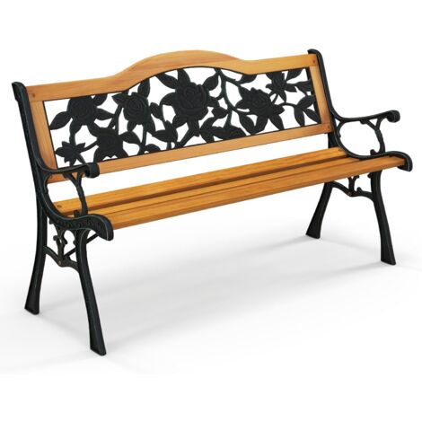 COSTWAY Banco Jardin Exterior de 3 Plazas, Bancos para Exterior con Estructura de Metal Fundido, Asiento de Madera, Reposabrazos Curvos, Banco Madera, 127,5 x 52,5 x 73,5 cm (Estilo 1)